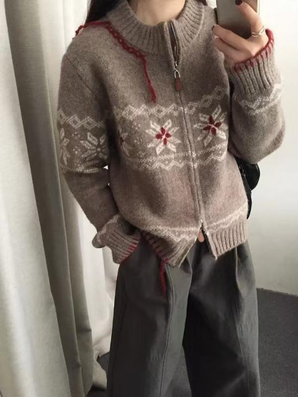 編み物 ジレー レディース 秋冬 雪柄 幾何学学飾りつけ ゆったり 朦々たる 立襟 長袖 ニットアウター 薄墨色 カーキ 通い3