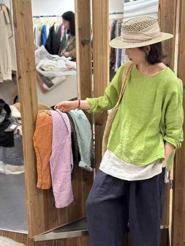 プルオーバー レディース リネン 麻 トップス 長袖 ラウンドのど首 ティーシャツ ゆったり 薄っぺら 砂糖菓子色つや パステルカラー 文??古 普段使い走り 伸び伸びする3