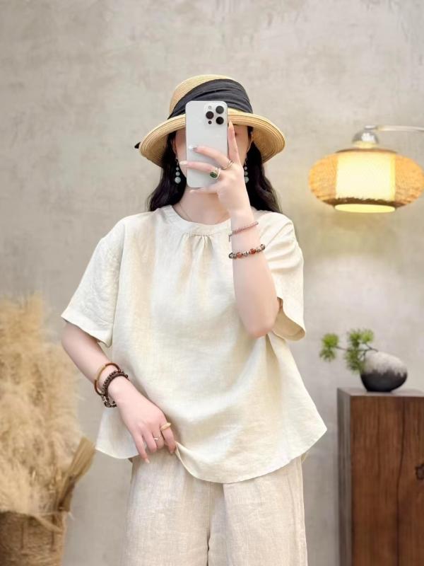 プルオーバー レディース リネン 麻 トップ トップス 半袖 ゆったり 立襟 無地 ゴールド 杏色 青碧 夏 通い3