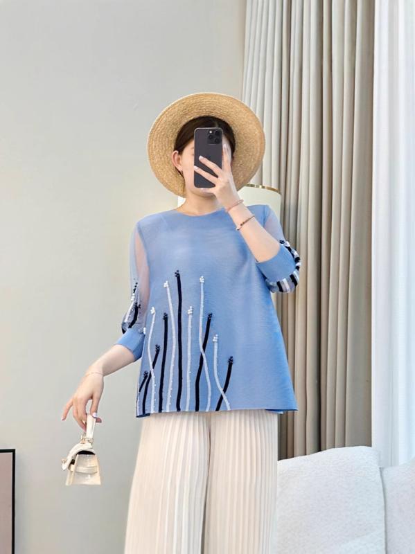 ティーシャツ レディース 半袖 ゆったり大きさ ラウンドのど首 提燈衣袂 ギャザー トップス 亭主もち服 宝藍色 ポリエステル 縞模様
