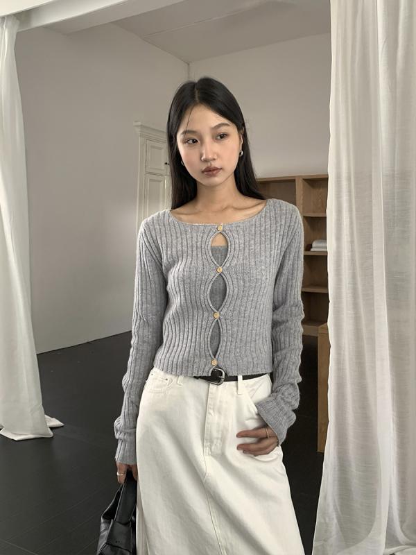編み物 レディース ジレー 秋冬 長袖 羊毛混紡 丸首 トップス 羽織り 韓国 心地好い 黒いこと 白いこと 赤銅色系 無償性大いさ