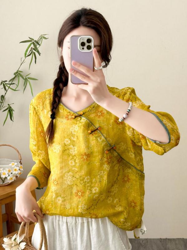 プルオーバー レディース 麻 五分袖 トップス 夏服 お上さん服 ティーシャツ ラウンドのど首 上衣 リネン 花柄 ゆったり 読みもの風 レトロ トップ3