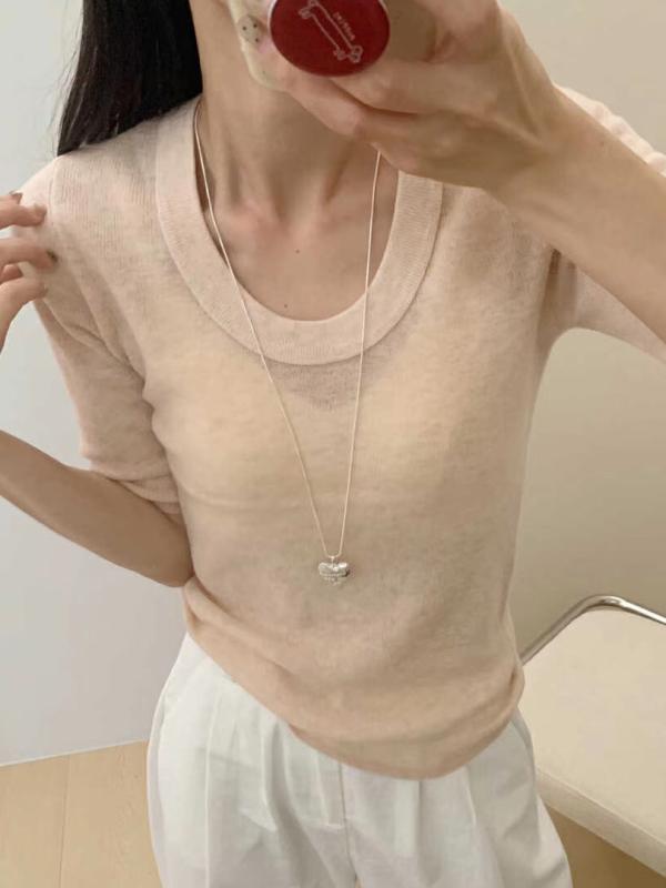 ティーシャツ レディース 半袖 美??羊毛 編み物 トップス ?系 か細い相応う 袖丈 決まりきった丈 無地 babyサクラ色
