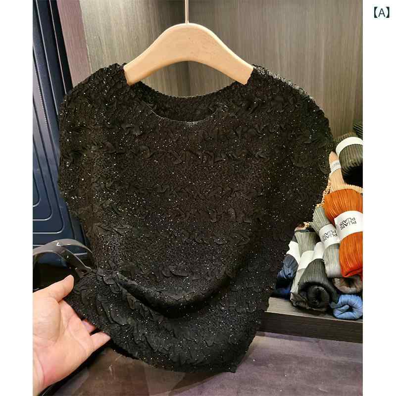 ティーシャツ レディース 半袖 ギャザー 無地 ポリエステル トップス カットソー ティーシャツ ラウンドのど首 心地好い 普段使い走り 通勤着 黒いこと 緑であること パープル 赤銅色 薄墨色