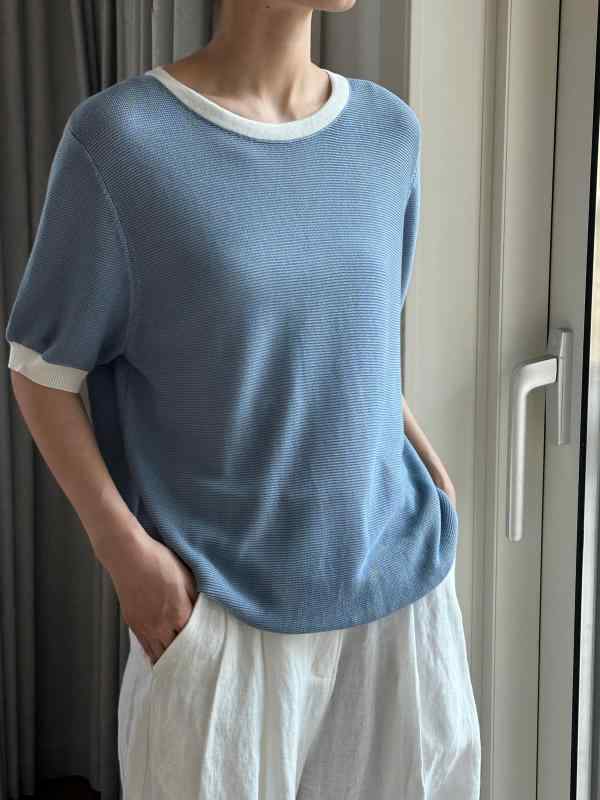 ティーシャツ レディース 春夏 半袖 天? 人絹混紡 うつり変わり ラウンドのど首 ゆったり 黒いこと 青碧 心地よい