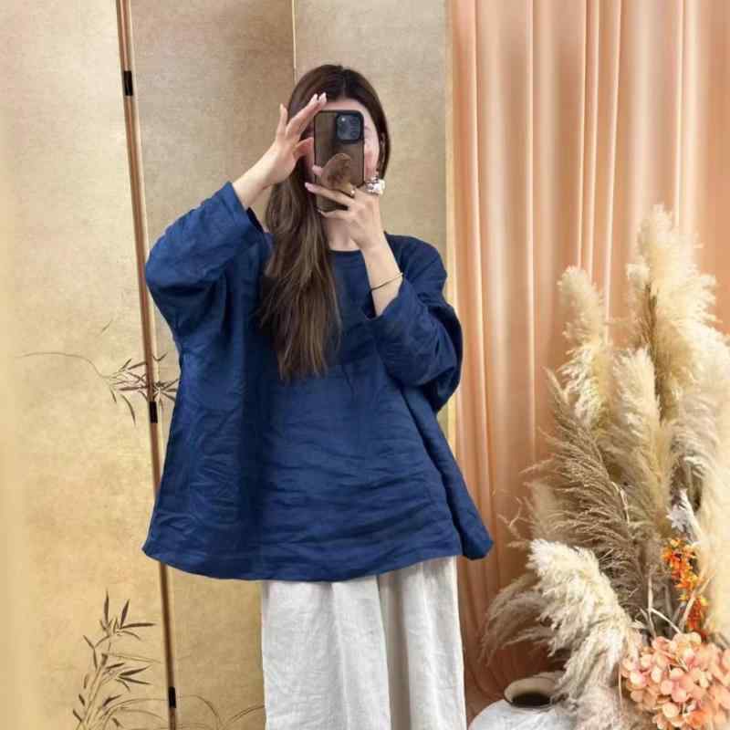 ティーシャツ レディース 春夏 麻 リネン ゆったり ラウンドのど首 落っこちる肩肉 長袖 トップス 心地よい 分かりやすい 無地 日韓風 普段使い走り お座敷御召しもの