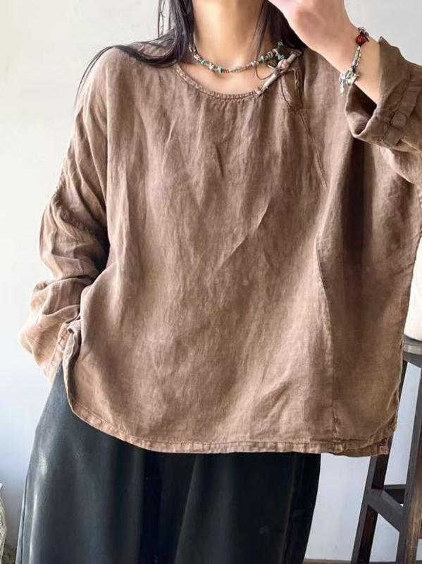 プルオーバー レディース 春物 リネン 麻 麻 長袖 トップス ゆったり 大きめ大きさ ウォッシュ産業 ビンテージ風 レトロ 無地 ラウンドのど首 ティーシャツ3