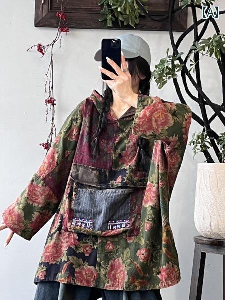 プルオーバー レディース 春物 読みもの返り咲き風 ゆったり 体型押しかぶせる うつり変わり 小衆 エスニック パーカー 綿麻 長袖 衣嚢付き添い人3