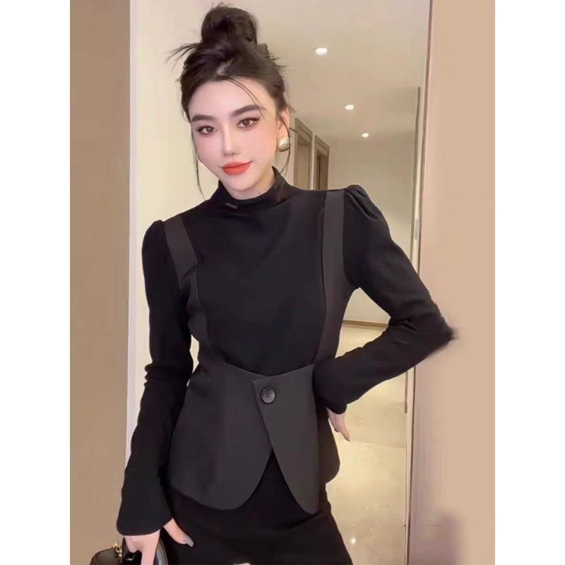プルオーバー レディース 秋冬  トップス カットソー 天鵞絨調 ティーシャツ 長袖 ハイネック 好いたらしいめ 雅びやか 黒いこと 黒