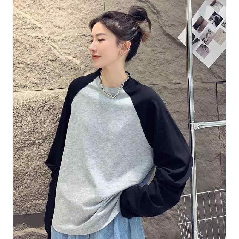 ティーシャツ レディース 色彩設計 うつり変わり 上着 長袖 カットソー ラウンドのど首 ゆったり 普段使い走り 角袖巡査名媛風 青碧 黒いこと系