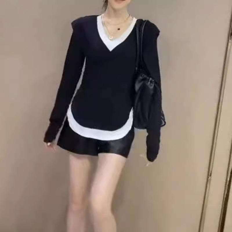 プルオーバー レディース 長袖 Vのど首 うつり変わり トップス カットソー 肌付き 伸縮性 無地 青色系 黒いこと系 珈琲色 私服刑事名媛 表現スタイル