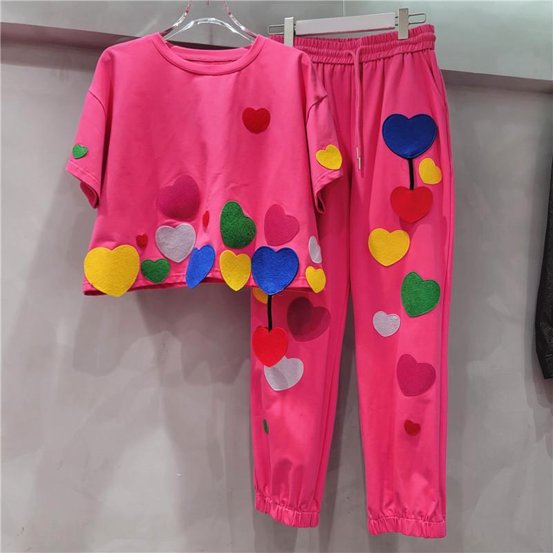 セットアップ レディース 春夏 半袖 Tシャツ &amp; カジュアルパンツ 上下セット スポーティー 快適 婦人服 ポリエステル 普段使い 部屋着 ルームウェア ブラック ピンク系3｜MIRAIYUKI
