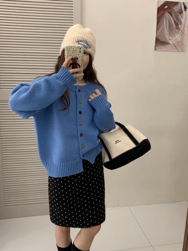 編み物 ジレー レディース 秋冬 ゆったり ラウンドのど首 長袖 編み物 トップス 色彩設計 遊撃手丈 パステル色の 生あたたかい 韓国 心地好い 青 青碧 象牙色 黄味がかった 薄墨色 赤 紺3