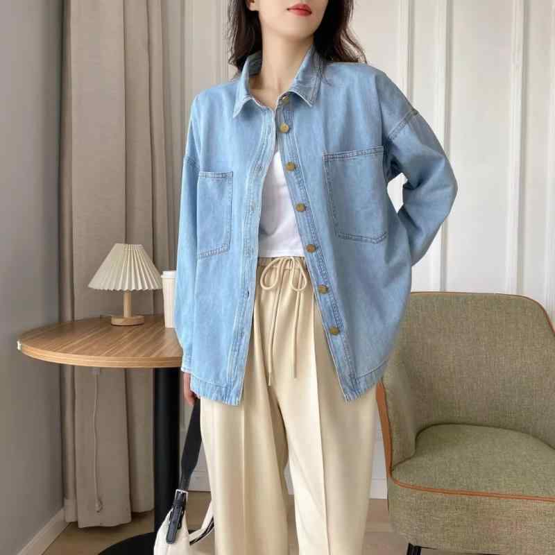 プルオーバー レディース ジーンズ 長袖 真っただ中丈 浅青色 M L ヴィンテージ風 心地よい 通い 伸び伸びする 開襟 当たること冷感3
