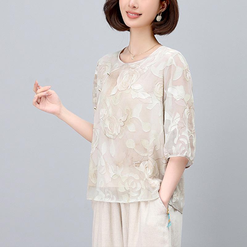 プルオーバー レディース 亭主持ち 夏服 半袖 提花柄 ゆったり トップス カットソー ラウンドのど首 当たること冷感 今めかしい 好いたらしいめ 薄っぺら 心地よい 普段使い走り パステルカラー 青色 サクラ色系