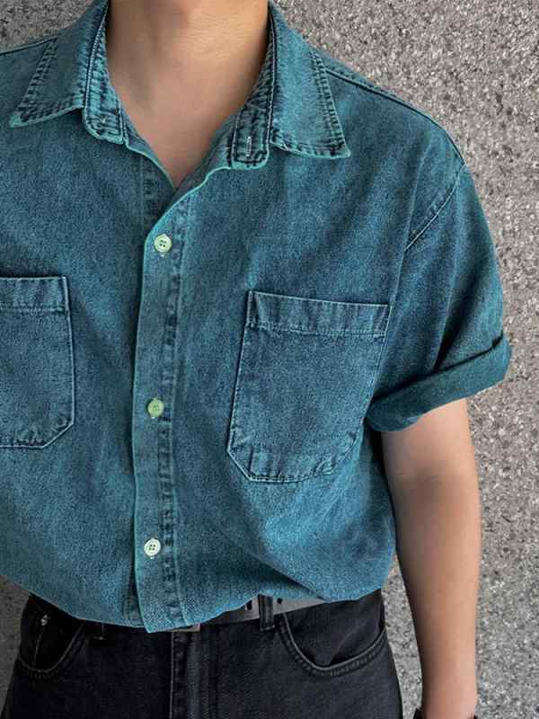 シャツ 男性用 デニムシャツ 半袖 コットン混紡 開襟シャツ カジュアルシャツ ブルゾン ライトアウター 春夏 ブルー|MIRAIYUKI