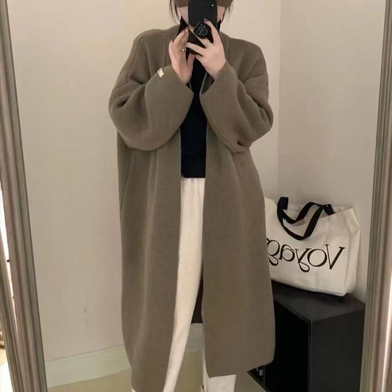 編み物ジレー レディース 長袖 Vのど首 ロング丈 ポリエステル 粘・屬繊維 ゆったり 大きめ大きさ 無地 朦々たる 通い 事務室 心地よい 歳月 薄墨色 さくら色系 杏色 黒いこと 赤いこと カーキ