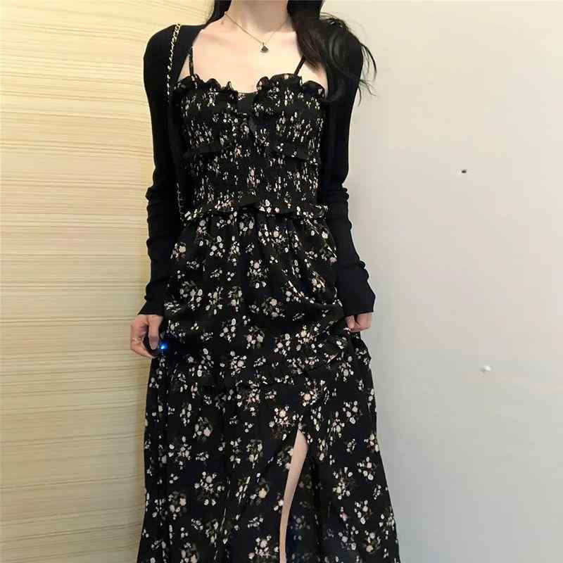 衣装 レディース フローラルプリント 定まり 真四角のど首 半袖 ノースリーブ 酉の方角うつり変わり A生産ライン MIDI丈 ポリエステル 黒いこと 女子らしい ガーリー