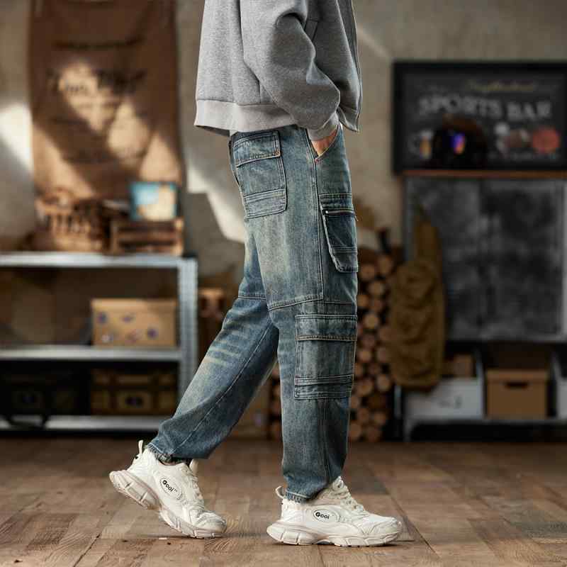デニム メンズ 成人男性用 ジーンズズボン下 細工物ズボン下 レトロ ウォッシュ産業 テーパードパンツ 真っただ中酉の方角 綿 秋 青碧