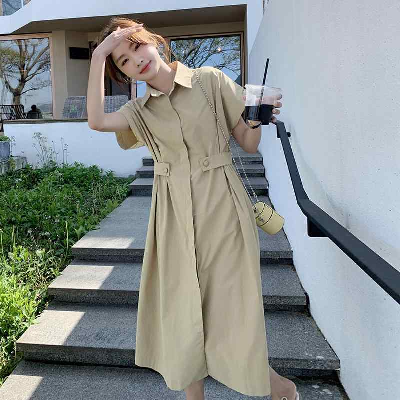 衣装 レディース A生産ライン 半袖 POLOのど首 ミモレ丈 ポリエステル ゆったり 着痩せ 日韓表現スタイル 心地よい カーキ