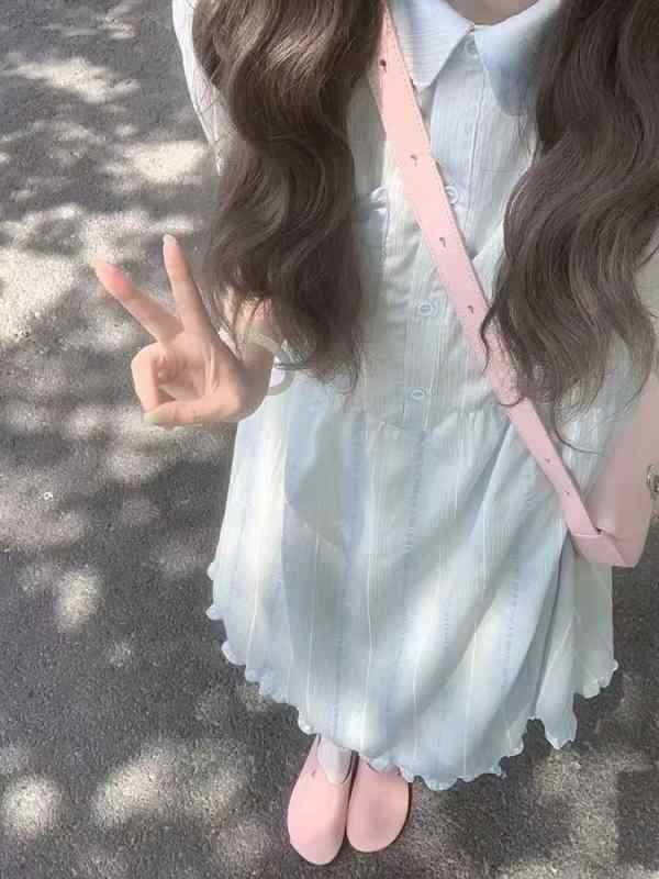 衣装 レディース 春夏 青色 縞模様 お人形さん色合い 襟付き添い人 プルオーバー衣装 小っちゃい A生産ライン 太陽フレア ミモレ丈 半袖 当たること冷感 吸湿速乾