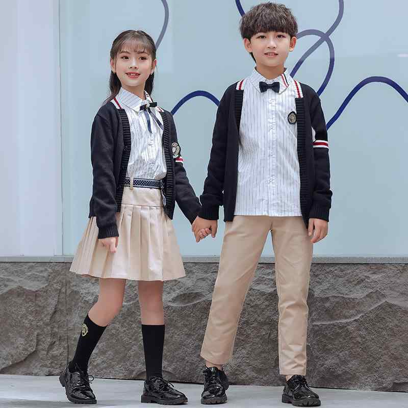 学校スウェーター仕掛ける 男女兼用 中学生 小学生 ユニフォーム ジレー より良い 縞模様プルオーバー 柿色スコート 柿色ズボン下 綿96% 連合王国風 3点仕掛ける
