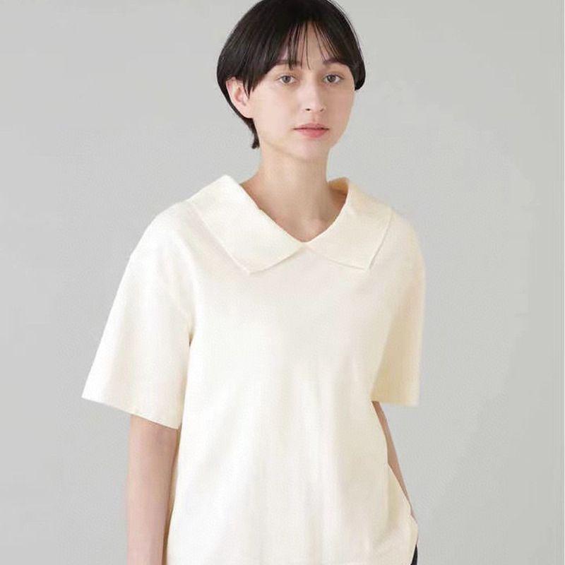 プルオーバー レディース 半袖 POLO襟 綿織物 綿 トップス カットソー 心地よい 通い 黒いこと 黒 白いこと 白3