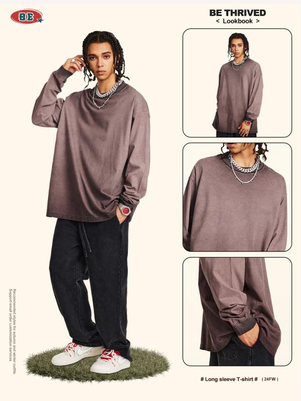 ティーシャツ メンズ 成人男性用 ビッグ影ぼうし 不都合工業 ウォッシュ工業 長袖 トップス カットソー 無地 綿 深薄墨色 FG梅紫 黒いこと 秋冬3