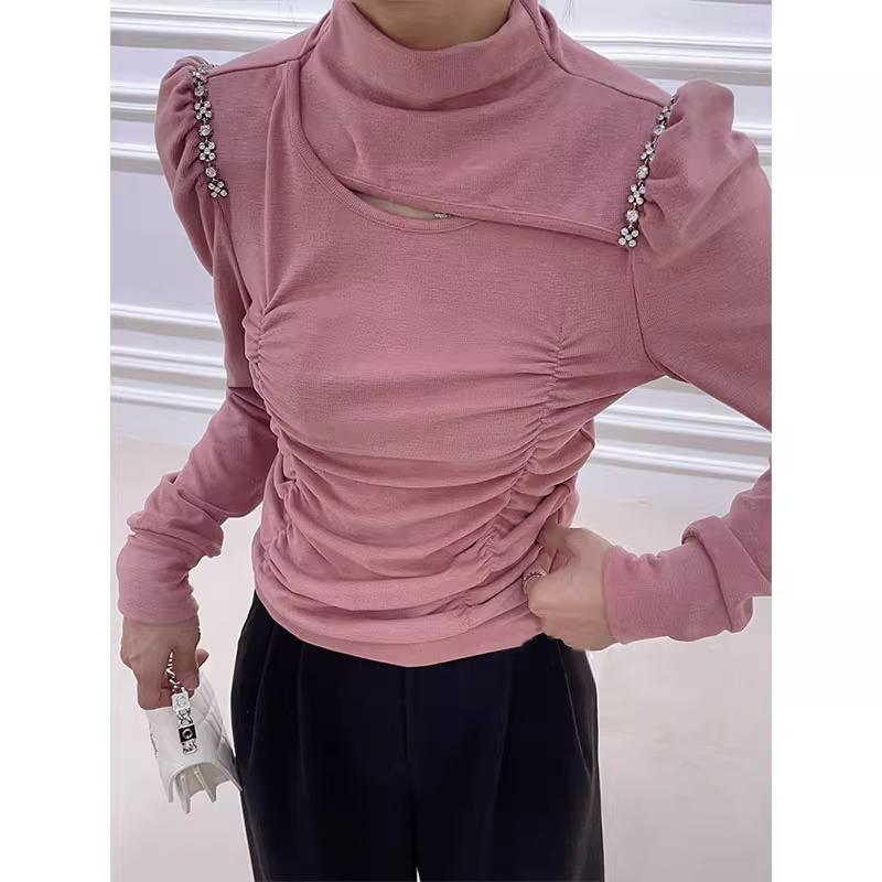 プルオーバー レディース 長袖 カットソー か細い パフ捩り ハイネック トップス 肌付き 私服刑事 名媛風 白いこと サクラ色系 黒いこと S M L XL 2XL