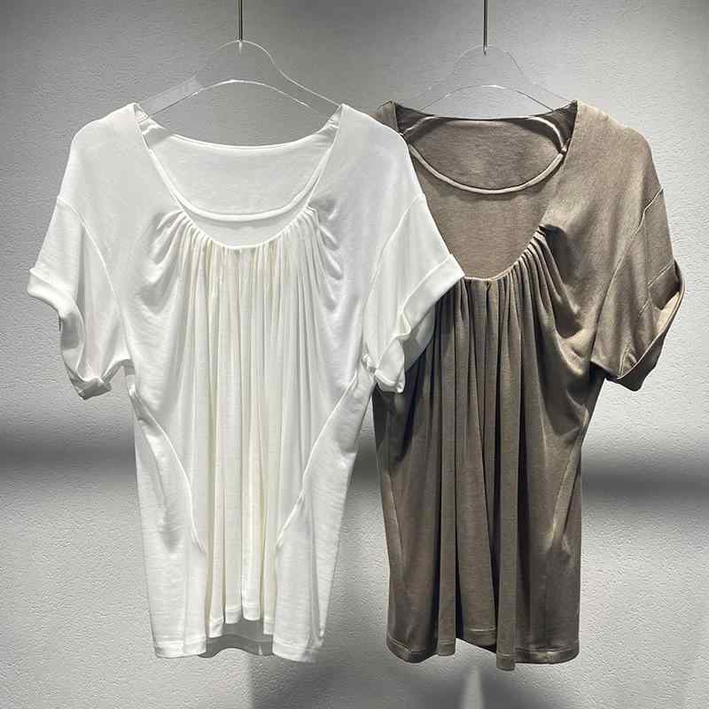 ティーシャツ レディース Uのど首 半袖 トップス 生まれ変わり衣料繊維 絨毛 ゆったり 褶? 白 ベージュ 通勤着 春夏