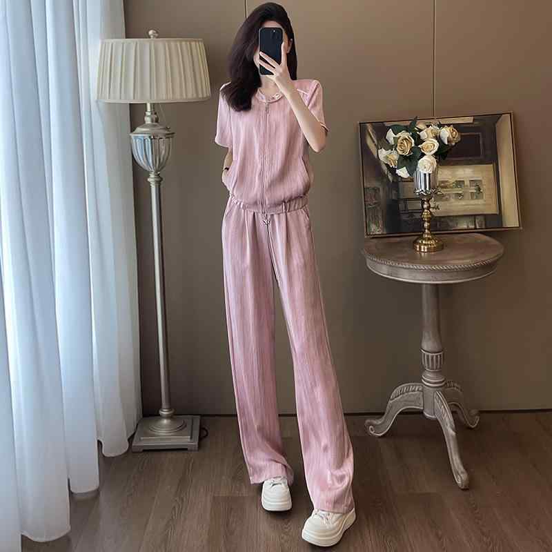 セットアップ レディース 春夏 半袖ジレー 長ズボン ポリエステル サクラ色系 愛くるしげ 好いたらしいめ 今めかしい 普段使い走り 韓国 オルチャン