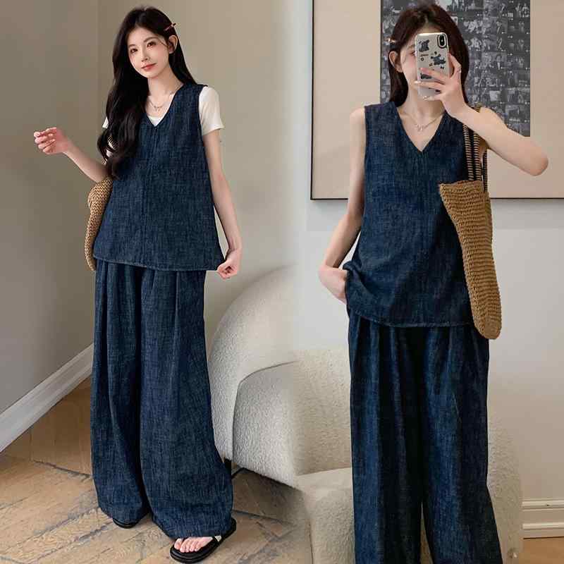 マタニティウェア セットアップ 夏 ジーンズ プルオーバー ズボン下 3点書き割り 含ませる服 産前 産後 妊婦服 ゆったり 普段使い走り お座敷着 隠し付き添い人