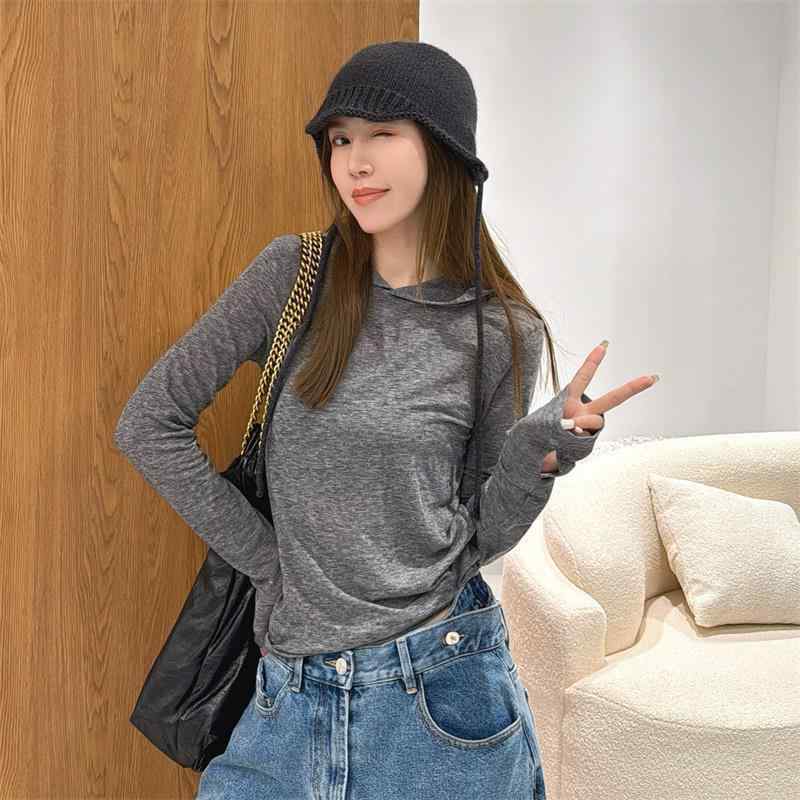 ティーシャツ レディース 秋冬 韓国 パーカー 長袖 か細い 伸縮性 無地 トップス ティーシャツ カットソー 普段使い走り お座敷着 花の冠yd 重ね着 心地よい 深・稀色 紫色 黒 薄墨色 深薄墨色