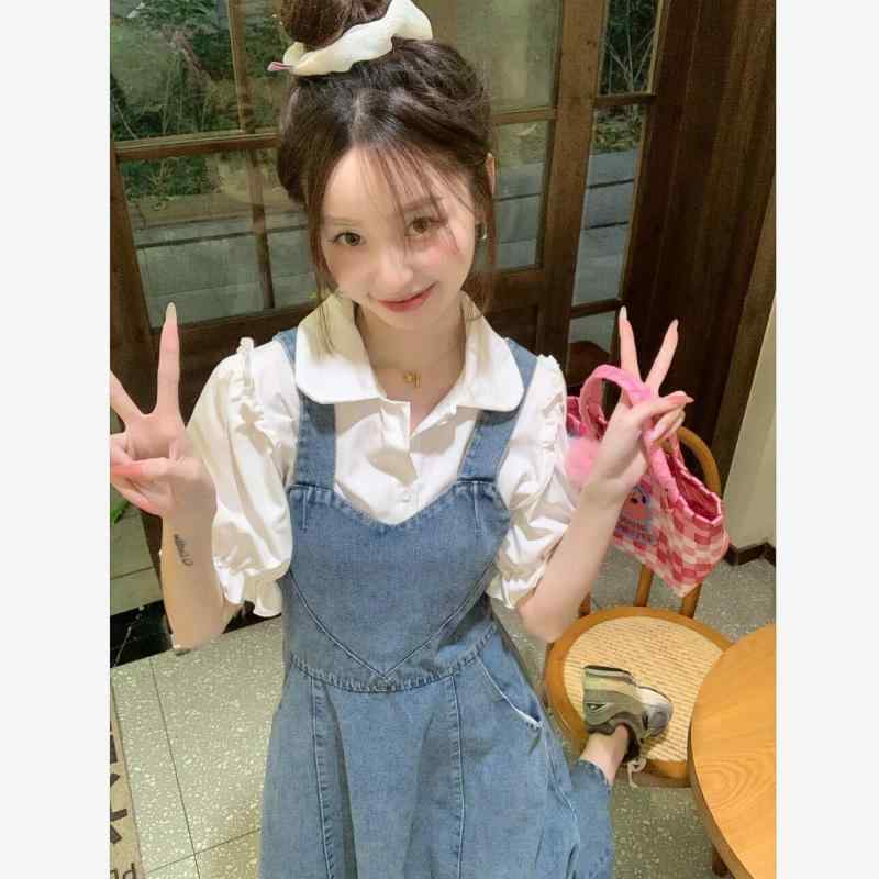 衣裳 レディース 春夏 ジーンズ サロペットスカート ティーシャツ 2点書き割り 森御嬢さん 港風 レトロ 愛くるしげ ゆったり 普段使い