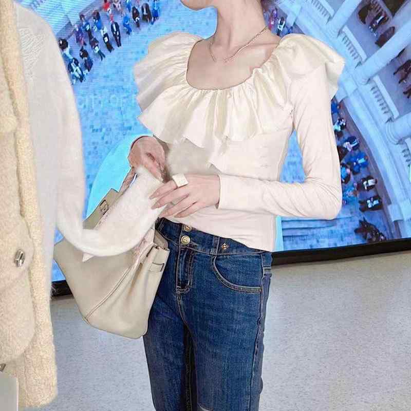 ティーシャツ レディース 一文字襟 フラウンス 長袖 トップス カットソー お上さん服 事あたらしい 甘め 愛くるしげ 黒 白 珈琲色
