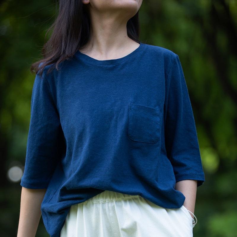 プルオーバー レディース 麻 綿織物 七分袖 上衣 ティーシャツ ラウンドのど首 ゆったり トップス カットソー 無地 当たること冷感 宝藍色 黒