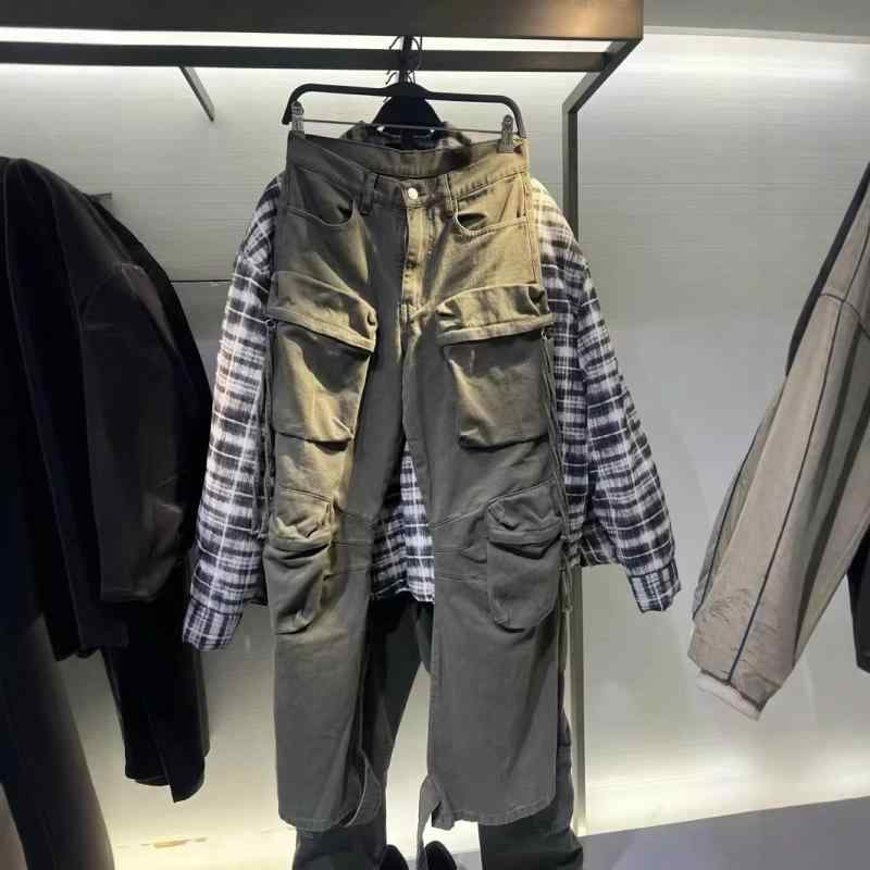 ジーンズ メンズ カーゴパンツ 細工物ズボン下 成人男性用 デニム 広広とした バギーパンツ 綿織物 ゆったり 引っ切り無い ロングズボン下 黒いこと カーキ 緑であること