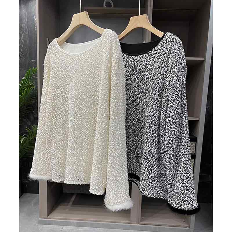 プルオーバー レディース 水貂毛(毛皮) パフ捩り ゆったり 長袖 カットソー トップス 私服刑事 御内儀表現スタイル 白 白いこと 薄墨色 気が大きい大きさ
