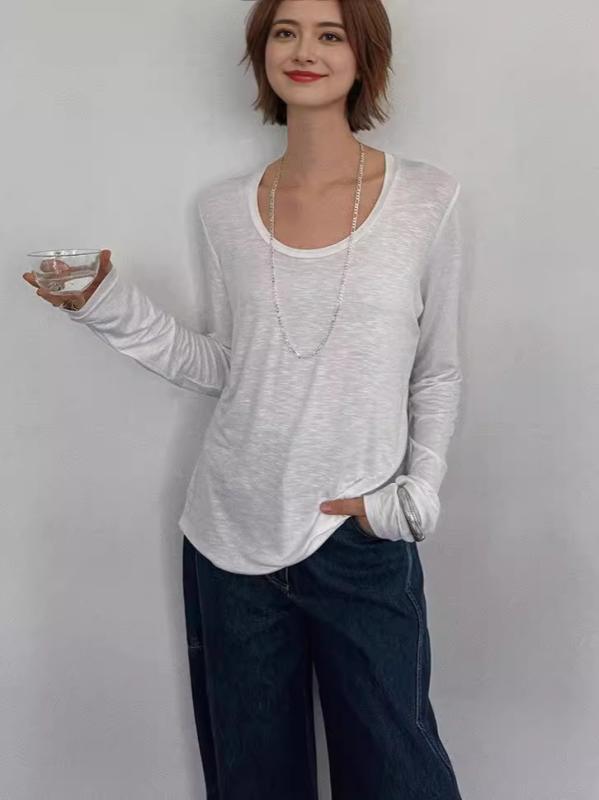 プルオーバー レディース 長袖 Uのど首 カットソー 当たること冷感 肌付き トップス お上さん服 ゆったり 普段使い走り 通勤着 黒いこと 白いこと 珈琲色