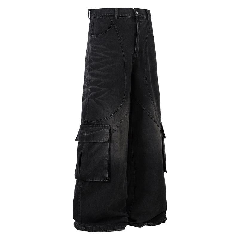 デニム メンズ 成人男性用 カーゴパンツ 引っ切り無い ワイドレッグ ウォッシュド ジーンズ 細工物ズボン下 心地よい ゆったり 黒いこと M L XL 2XL