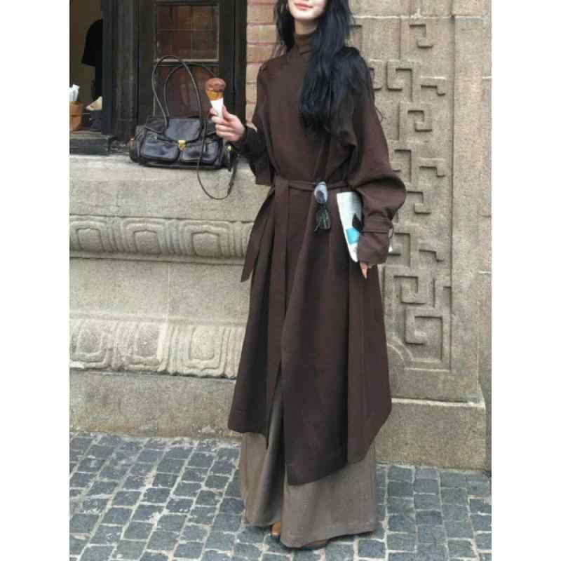 厚地の外套 レディース ロング丈 レトロ テーラード風 秋冬 アウター 胴締め付き添い人 酉の方角目じるし 赤銅色 ポリエステル 通い 好いたらしいめ