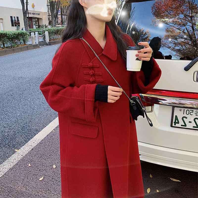コート レディース 秋冬 ウールコート ロング丈 チャイナ風 新中式 羊毛 アウター 赤 通勤 エレガント｜MIRAIYUKI
