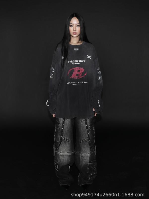 汗水 レディース 美式 表どおり ヴィンテージ風 刷り上げる ティーシャツ トップス カットソー 長袖 薄っぺら 綿織物 絞り染め 黒