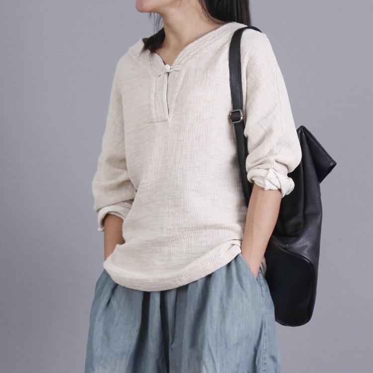 プルオーバー レディース 麻 リネン混紡 ティーシャツ 2way袖 並み並み丈 トップス ゆったり 読みもの風 レトロ 自然的 ベージュ系 地べた色合い3
