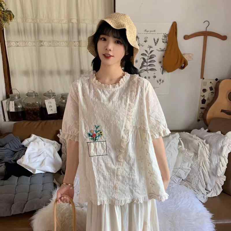 プルオーバー レディース ラウンドのど首 半袖 綿織物 リネン 森御姉さん 自然的 カットソー トップス 幾何学学飾りつけ ゆったり 刺しゅう 象牙色系3