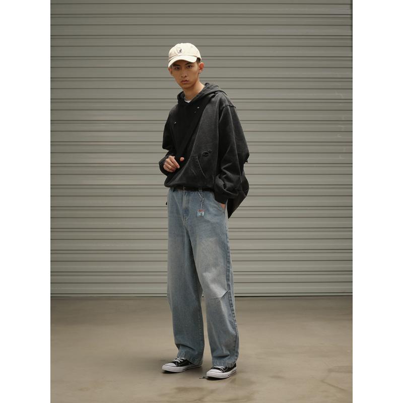 デニム メンズ 成人男性用 ジーンズズボン下 広広とした ゆったり 細工物ズボン下 ウォッシュ産業 青色 ジーパン ロングズボン下 ヴィンテージ風 アメカジ