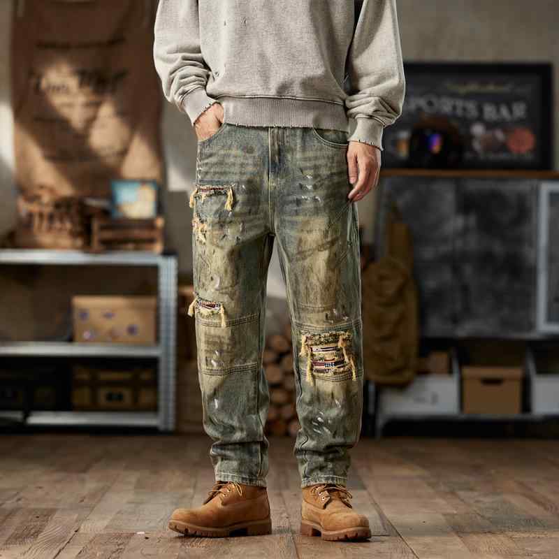デニム メンズ 成人男性用 ジーンズズボン下 后宮ズボン下 テーパード ゆるめ ウォッシュ産業 パッチワーク 絵の具 表どおり系 心地よいズボン下 秋