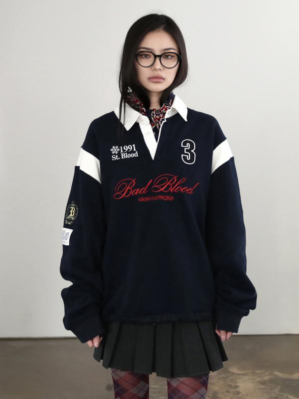 汗水 レディース 美式 調教師 色彩設計 トップス 刺しゅう ゆったり 長袖 POLO襟 カットソー 年月冬 綿 紺 赤 黒