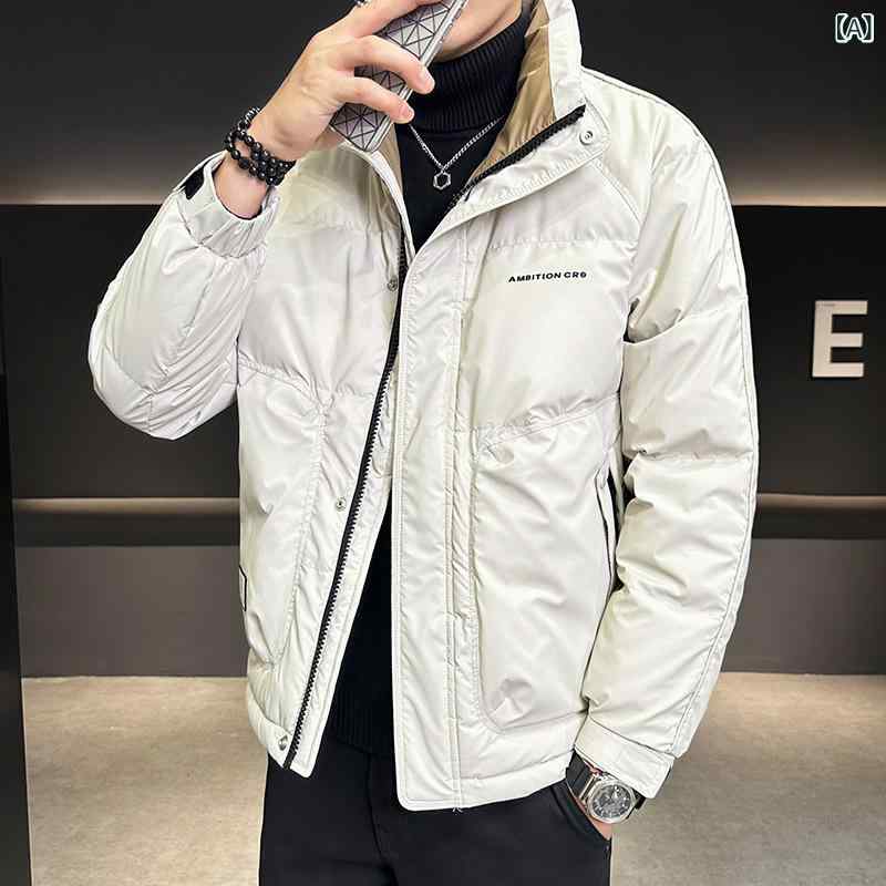 羽?服 成人男性用 ライトダウンジャケット 朦々たる 立襟 刷り上げる 防風 撥水 冬物 アウター 白ダックダウン ポリエステル 並み並み丈 ゆったり ミリタリー 表現スタイル ベージュ 黒いこと 緑であること