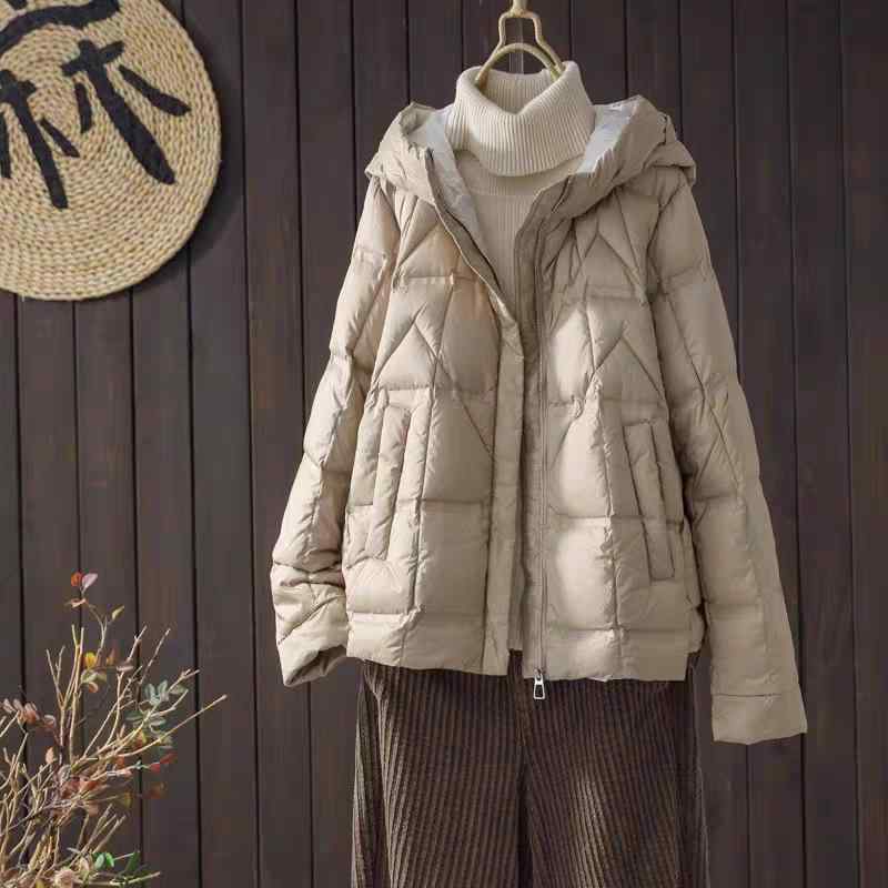 落ち込む上衣 レディース 秋冬 遊撃手丈 ボンネット付き添い人 白ダックダウン ゆったり 生あたたかい アウター 前掛け 上衣 上衣 日韓表現スタイル 心地好い ポリエステル